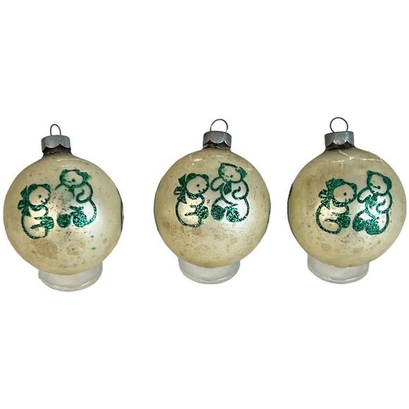 3 Vintage Shiny Brite Christmas Ornaments Teddy Bear Stencil Glitter Green White - Picture 8 of 12